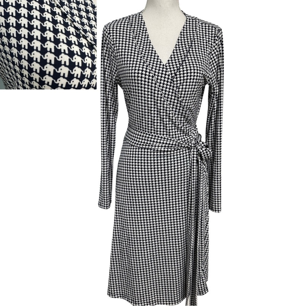Banana Republic Elephant Print Wrap Dress SZ L Navy Blue White Career Wear NWT